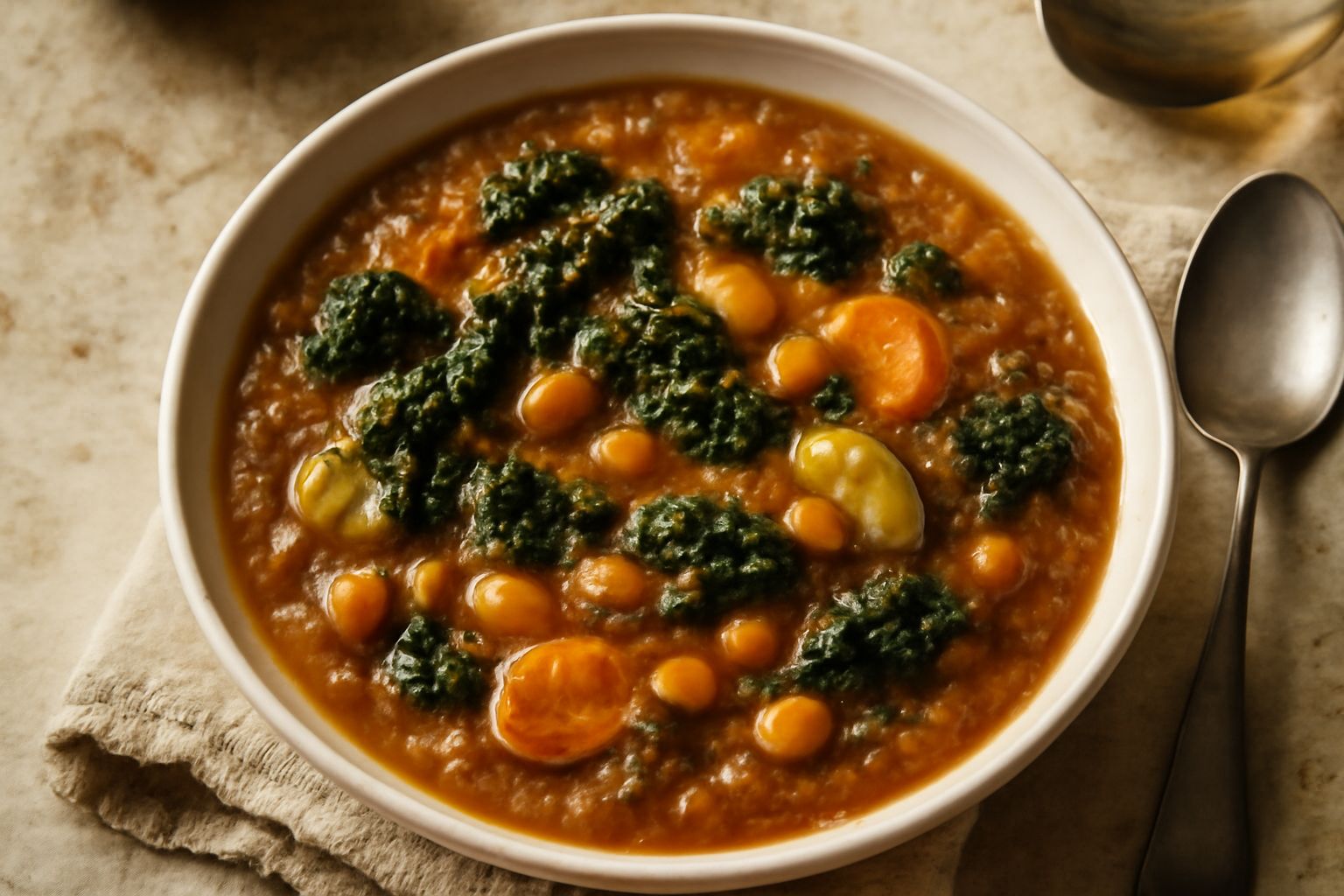 Ciotola di ribollita napoletana con verdure scure, fagioli bianchi, cavolo riccio e pane tostato sporgente dal bordo, su fondo rustico di legno