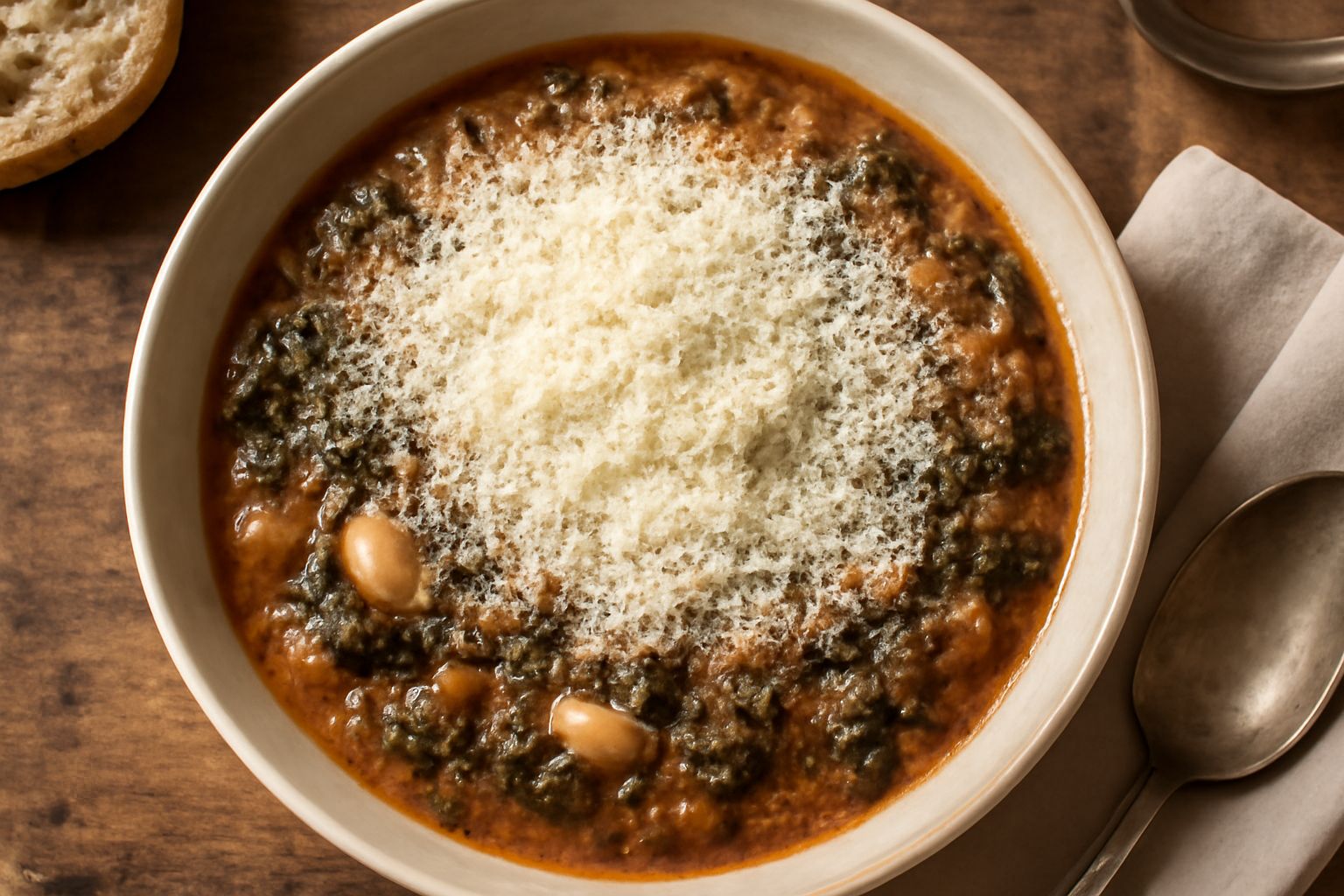 Ribollita parmigiana in ciotola di ceramica bianca, con cavolo nero, fagioli bianchi, pane raffermo spezzettato, parmigiano grattugiato in abbondanza sulla superficie, olio d'oliva in filo, vapore che