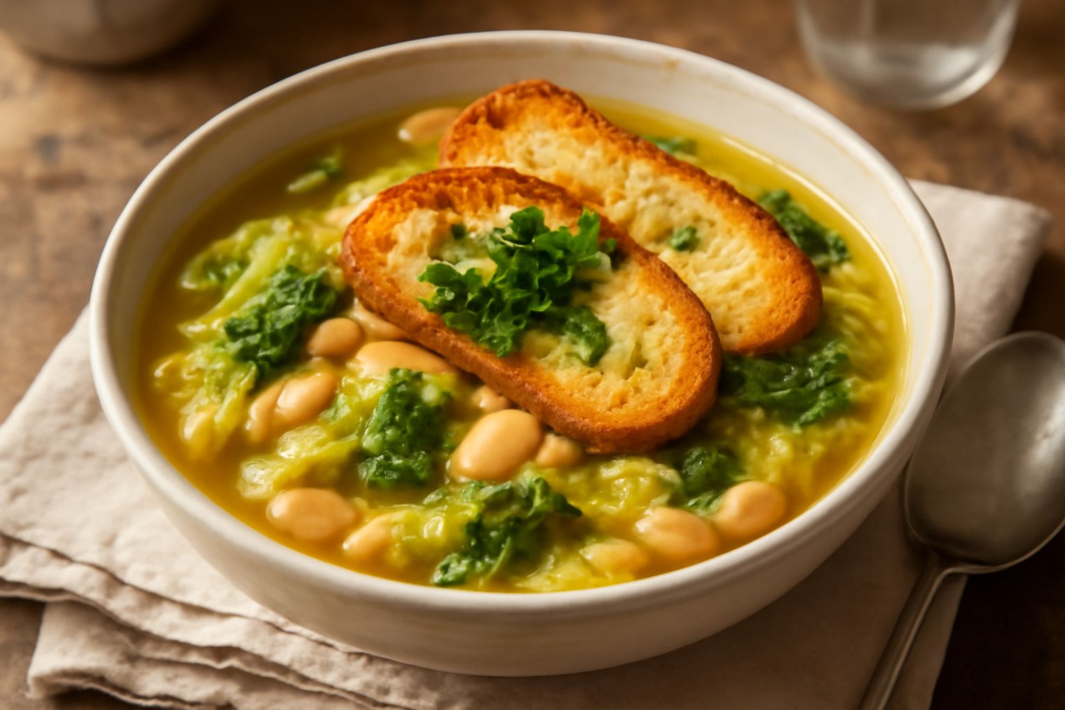 Una ciotola di terracotta con minestrone fumante: verza verde e bianca, fagioli gialli chiari, brodo trasparente color oro, fette di pane tostato galleggianti in superficie, prezzemolo verde fresco sp
