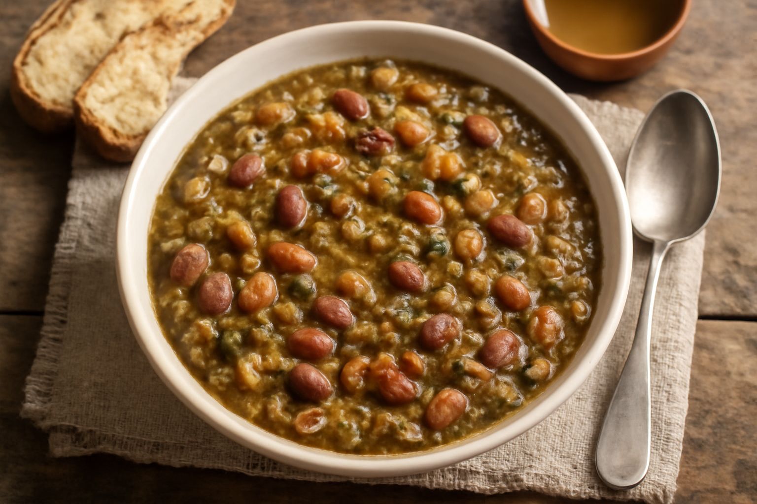 Una ciotola di terracotta con ribollita piacentina: zuppa densa di colore marrone verdastro con pezzi visibili di verdure, fagioli e cavolo, condita con un filo d'olio verde, servita su fondo di legno