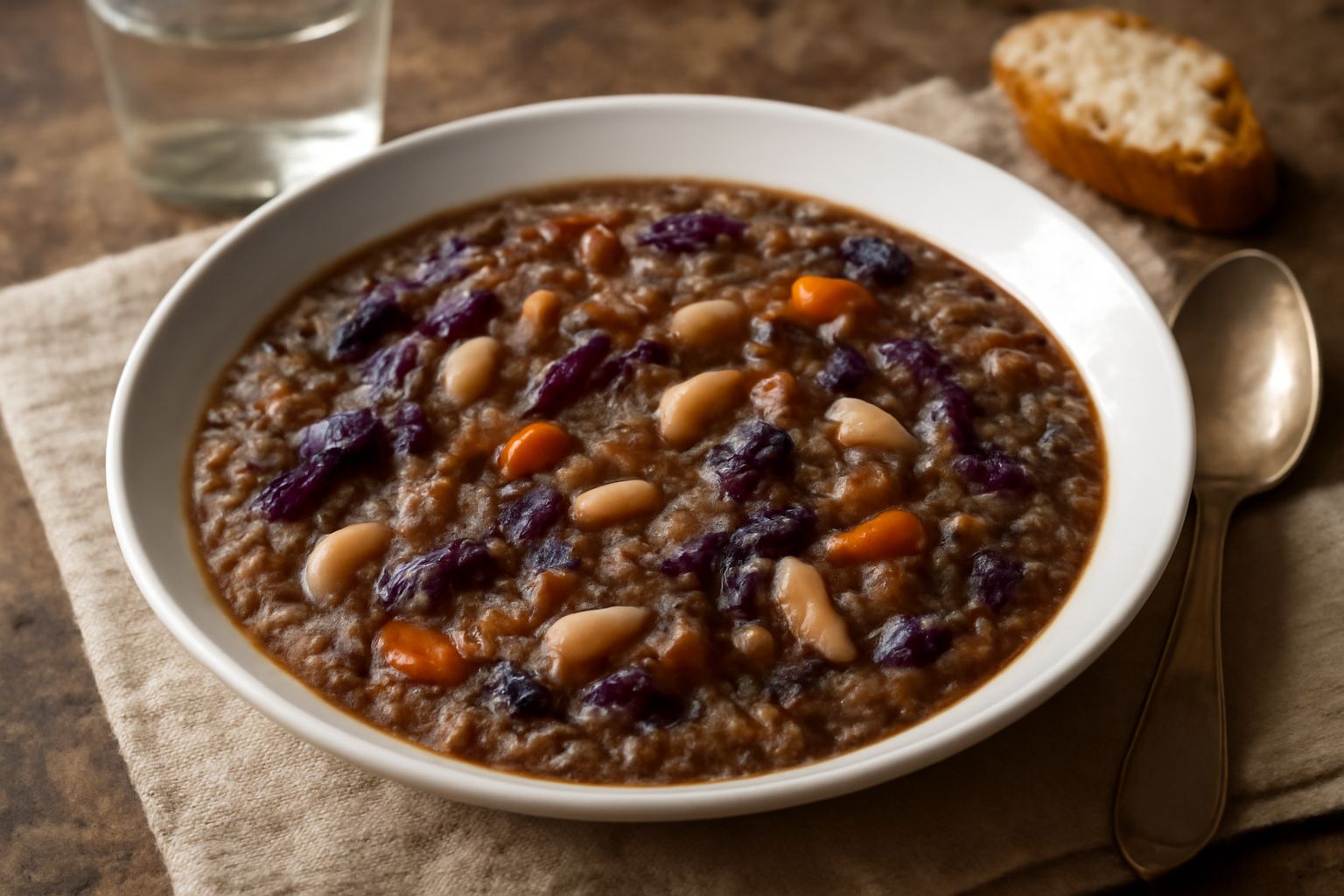 Una ciotola di ceramica bianca ricolma di ribollita reggiana: pane scuro morbido, cavolo rosso a strisce, fagioli bianchi, carote arancioni, il tutto bagnato da un brodo verdastro, guarnito con un fil