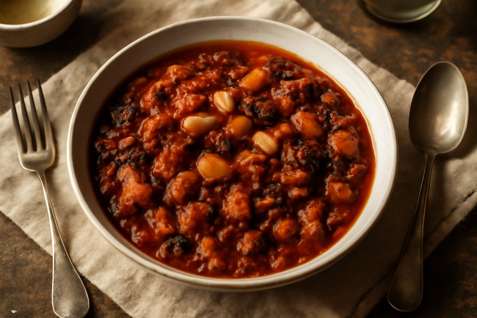 Ribollita romagnola servita in ciotola bianca, con consistenza densa di colore marrone-rosso, visibili pezzi di pane raffermo, cavolo rosso, fagioli bianchi, in primo piano su tovaglia di lino
