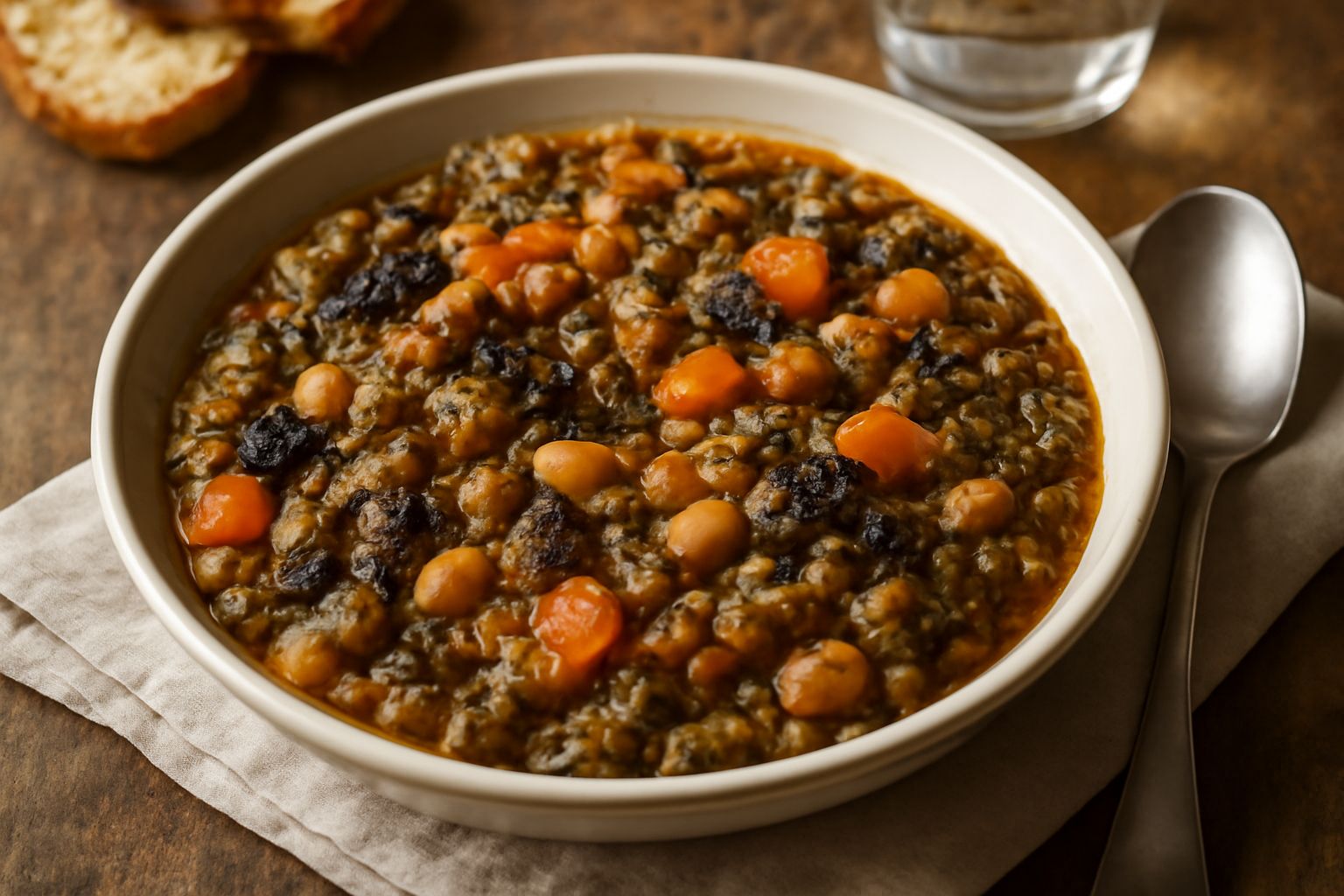 Ciotola di ceramica bianca con ribollita trentina fumante, verdure di colore viola, verde e arancione ben visibili in brodo denso, cucchiaio di legno appoggiato al bordo, fondo di tavolo in legno natu