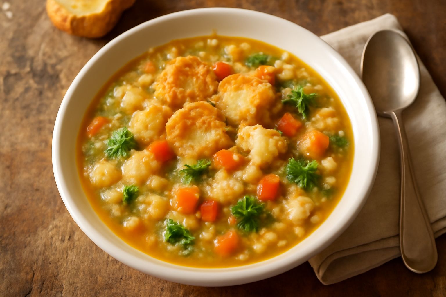 Una ciotola di ribollita triestina con verdure miste a dadini, pane tostato galleggiante nel brodo, in ciotola di ceramica bianca, con cucchiaio di legno, fondo grigio neutro