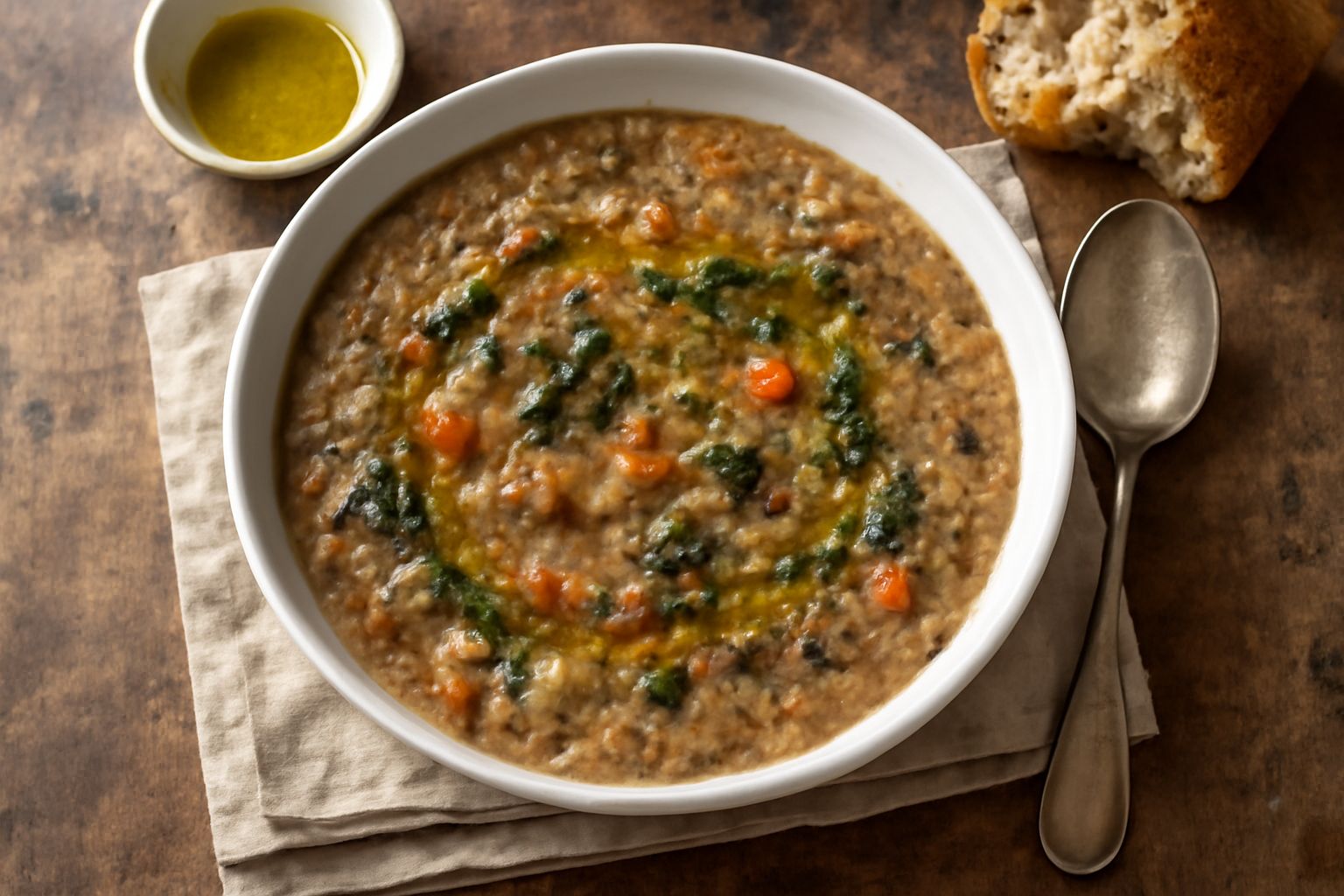 Una ciotola di ceramica bianca con ribollita veneta, zuppa densa color ocra con verdure visibili, olio d'oliva verde scuro in superficie, pane tostato accanto al bordo