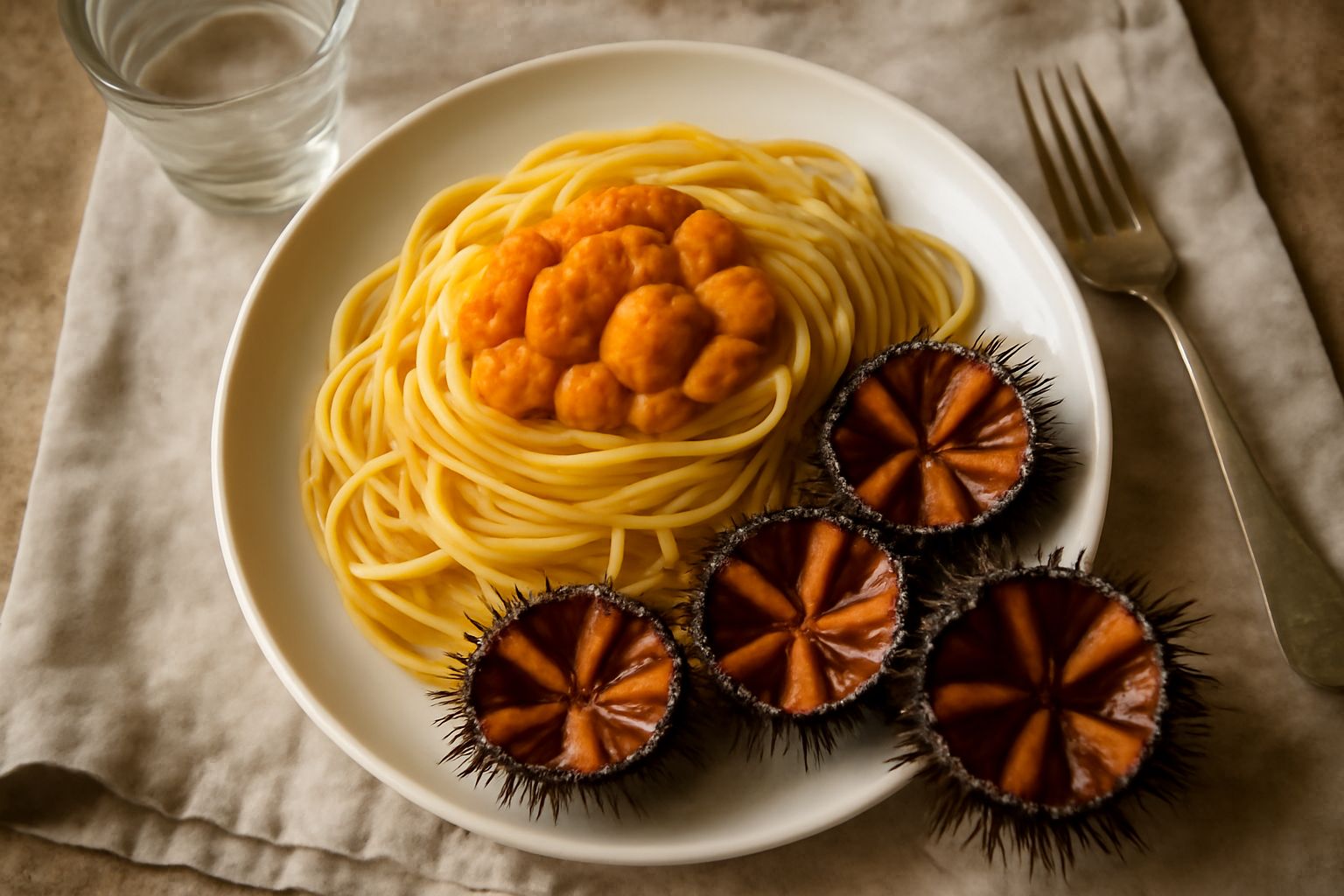 Ricci di mare appena aperti in un piatto bianco, con le gonadi arancioni visibili all'interno, decorati con una fetta di limone giallo e prezzemolo fresco tritato