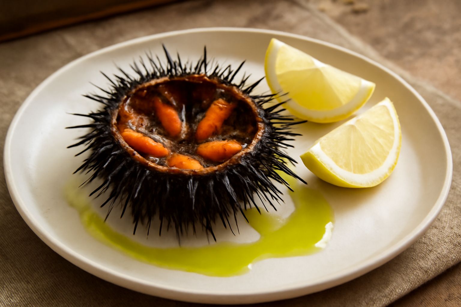 Quattro ricci di mare interi sulla griglia calda, con il corallo arancio brillante visibile dal lato aperto, circondati da spicchi di limone fresco e gocce di olio dorato. Piatto bianco di fondo, vapo