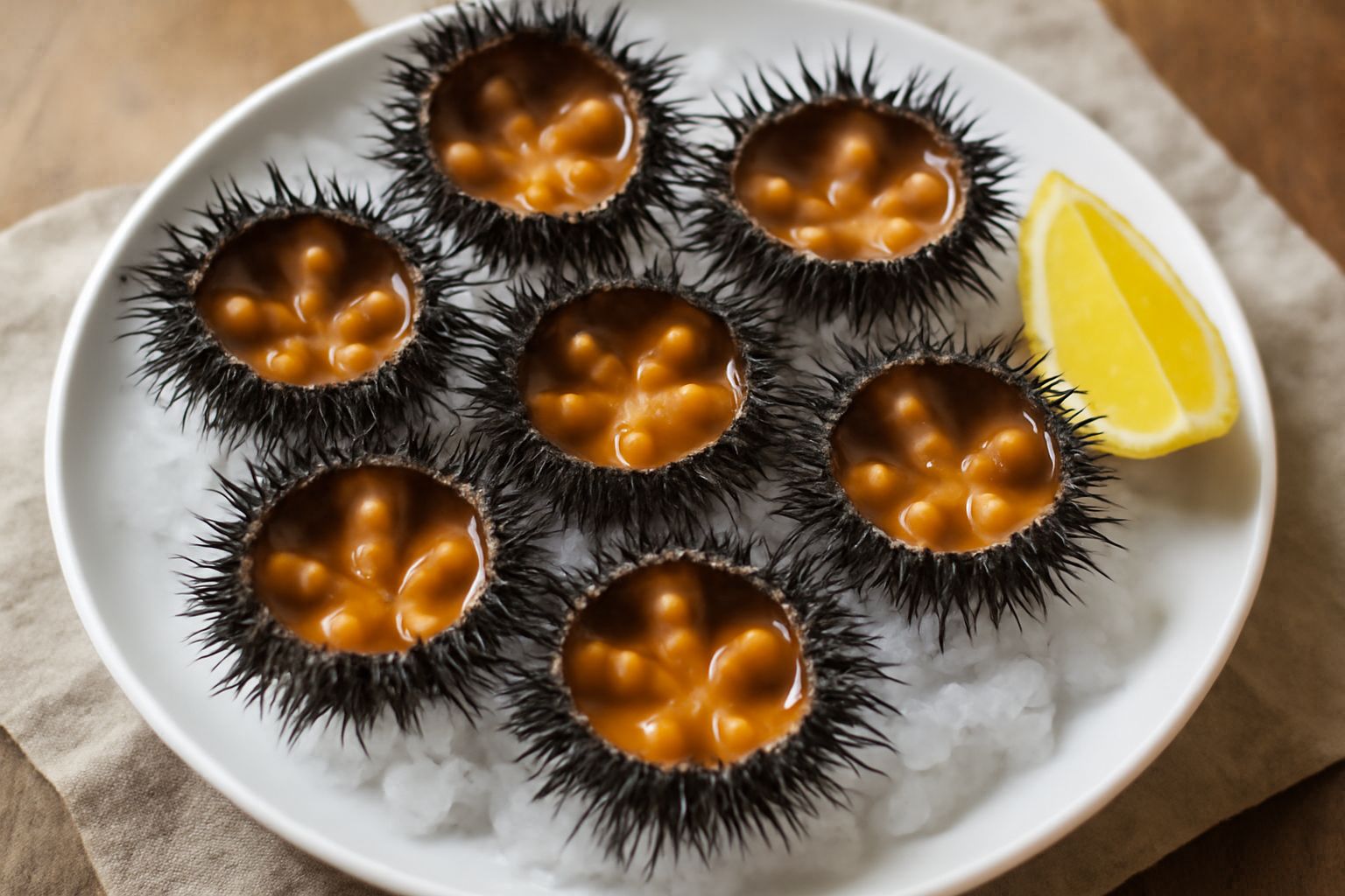 Ricci di mare bolliti in un piatto bianco con limone tagliato a spicchi, sale grosso sparso e acqua di mare trasparente. Dettagli delle spine scure e della polpa arancione visibili.
