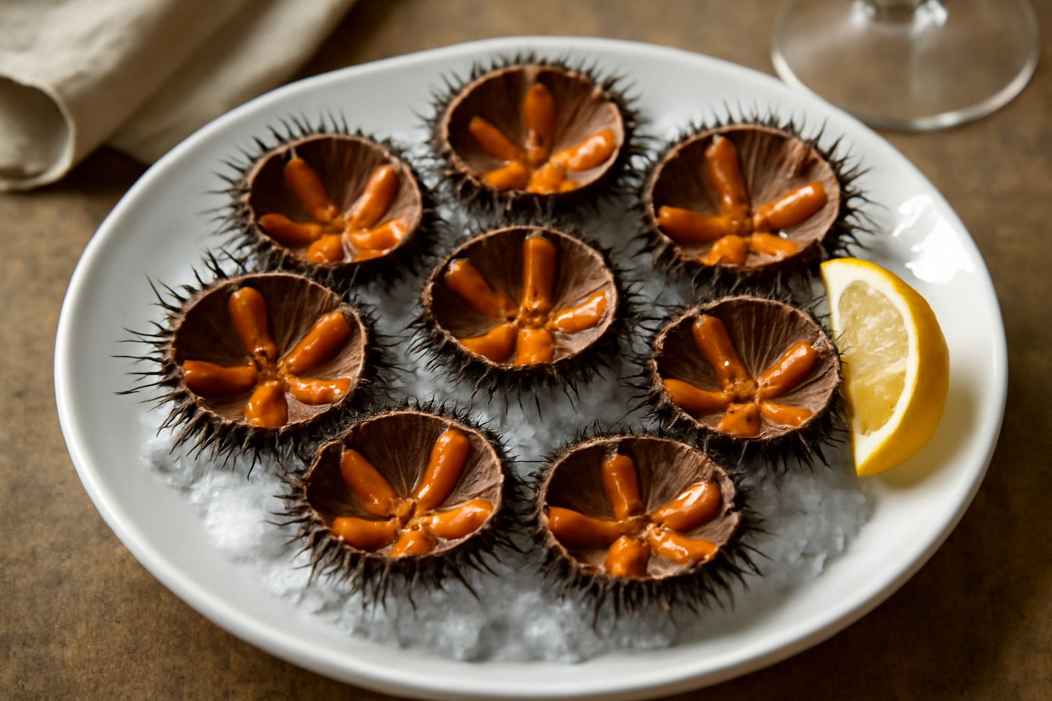 Ricci di mare aperti in un piatto bianco, mostrando le uova di riccio di colore arancione intenso, con fette di limone giallo e pane tostato ai lati