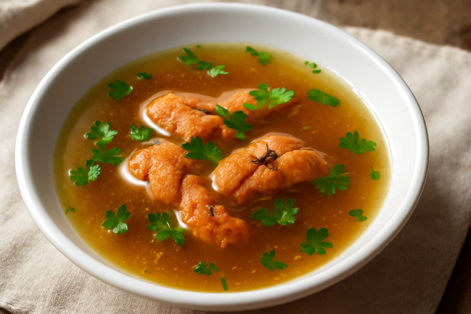 Una ciotola bianca di ceramica con brodo trasparente e ambrato, due o tre cucchiaiate di polpa di riccio di colore arancione-rosato galleggianti in superficie, con qualche foglia di prezzemolo verde e