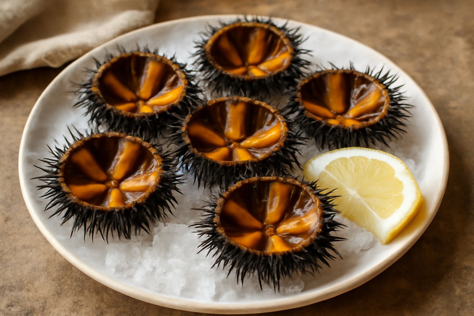 Cinque ricci di mare lessati interi e aperti in una ciotola di ceramica bianca, disposti su un letto di ghiaccio tritato, con la corallo arancione ben visibile all'interno, garnito con una foglia di p