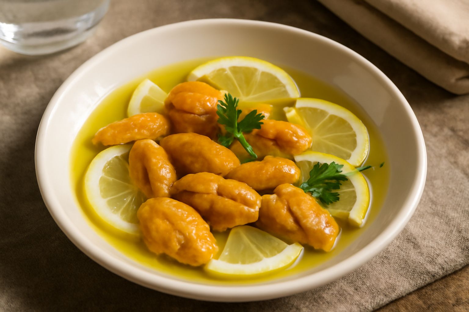 Ciotola di vetro con ricci di mare marinati di colore giallo arancio, ricoperti di olio trasparente, con fette di limone fresco, finocchietto selvatico e grani di sale grosso sparsi in superficie