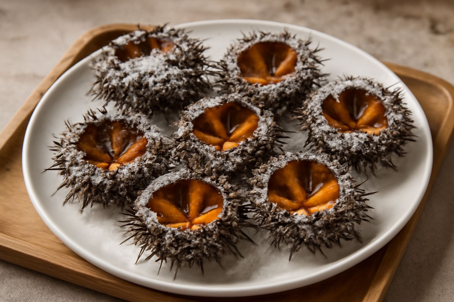 Ricci di mare salati disposti su un piatto bianco, con granuli di sale marino grosso visibili, spine scure e corpi arancioni asciutti, accompagnati da fette di pane tostato al naturale
