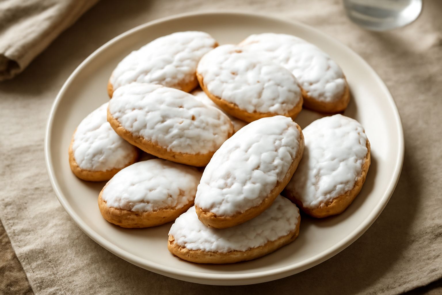 Biscotti ricciarelle ovali ricoperti di glassa bianca lucida, disposti su carta da forno, con vista ravvicinata della superficie irregolare e dei bordi croccanti