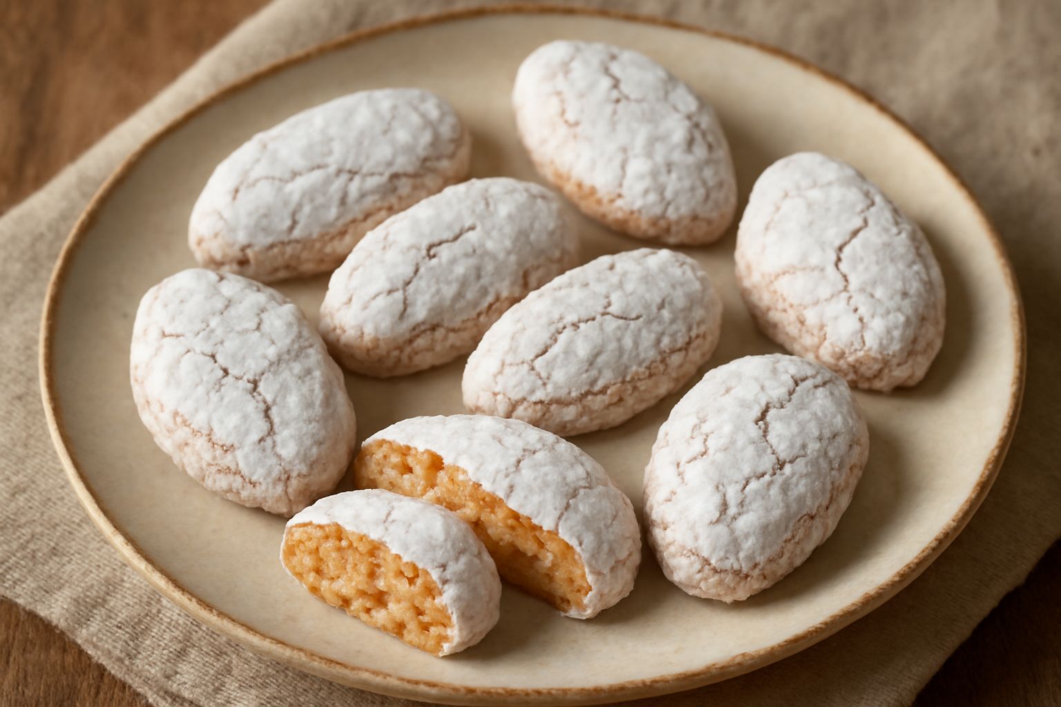 Ricciarelli disposti su un piatto bianco: piccoli dolcetti di colore marrone chiaro e morbido, cosparsi di zucchero a velo candido, di forma ovale leggermente appiattita
