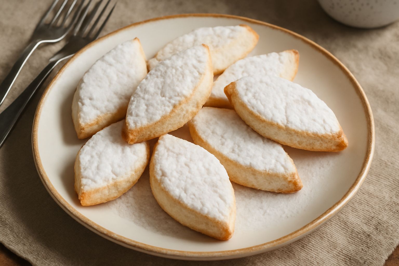 Ricciarelli di Siena a forma di rombo, ricoperti di zucchero a velo, disposti su una carta bianca con sfondo neutro. Biscotti color avorio con superficie ruvida, sfumature dorate ai bordi