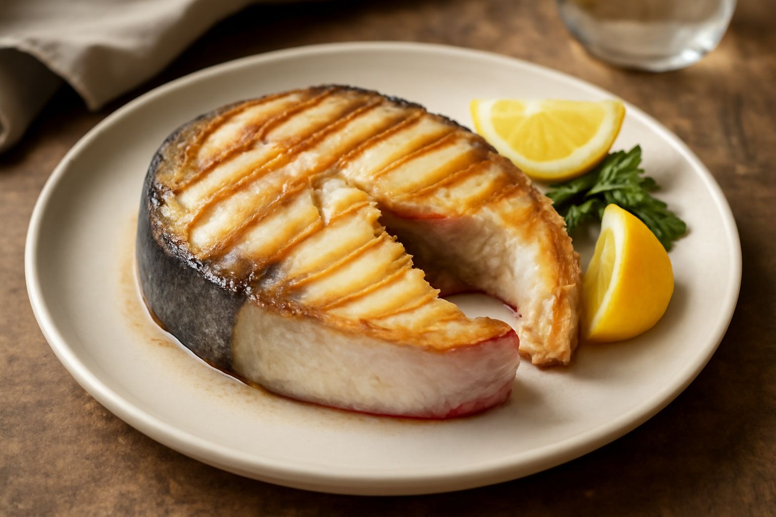 Ricciola intera ai ferri dorata e croccante, con segni di griglia, distesa su un piatto bianco con fette di limone fresco e prezzemolo tritato