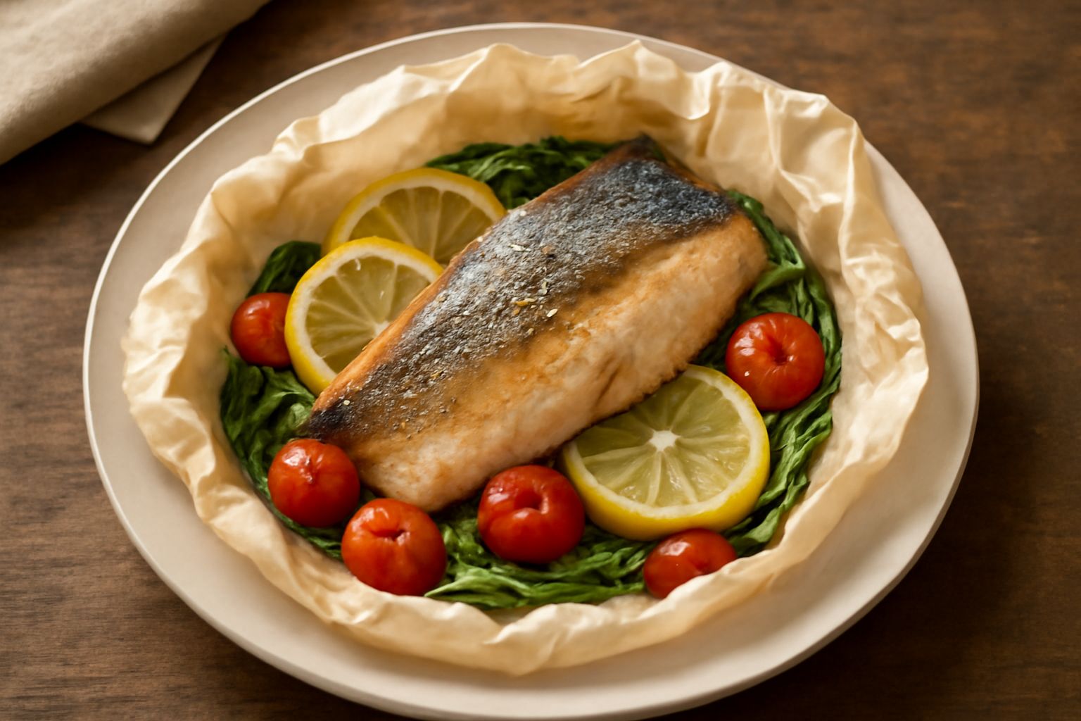 Filetto di ricciola d'oro dorato all'interno di un cartoccio di carta bianca mezzo aperto, circondato da fettine di limone giallo, pomodorini rossi e rucola verde, vapore ancora visibile