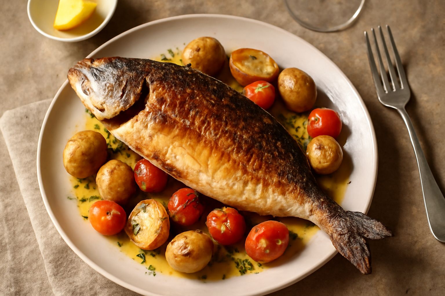 Una ricciola intera e dorata nel piatto bianco, contornata da limone fresco tagliato a fette e rosmarino, con olio d'oliva che brilla sulla pelle del pesce croccante