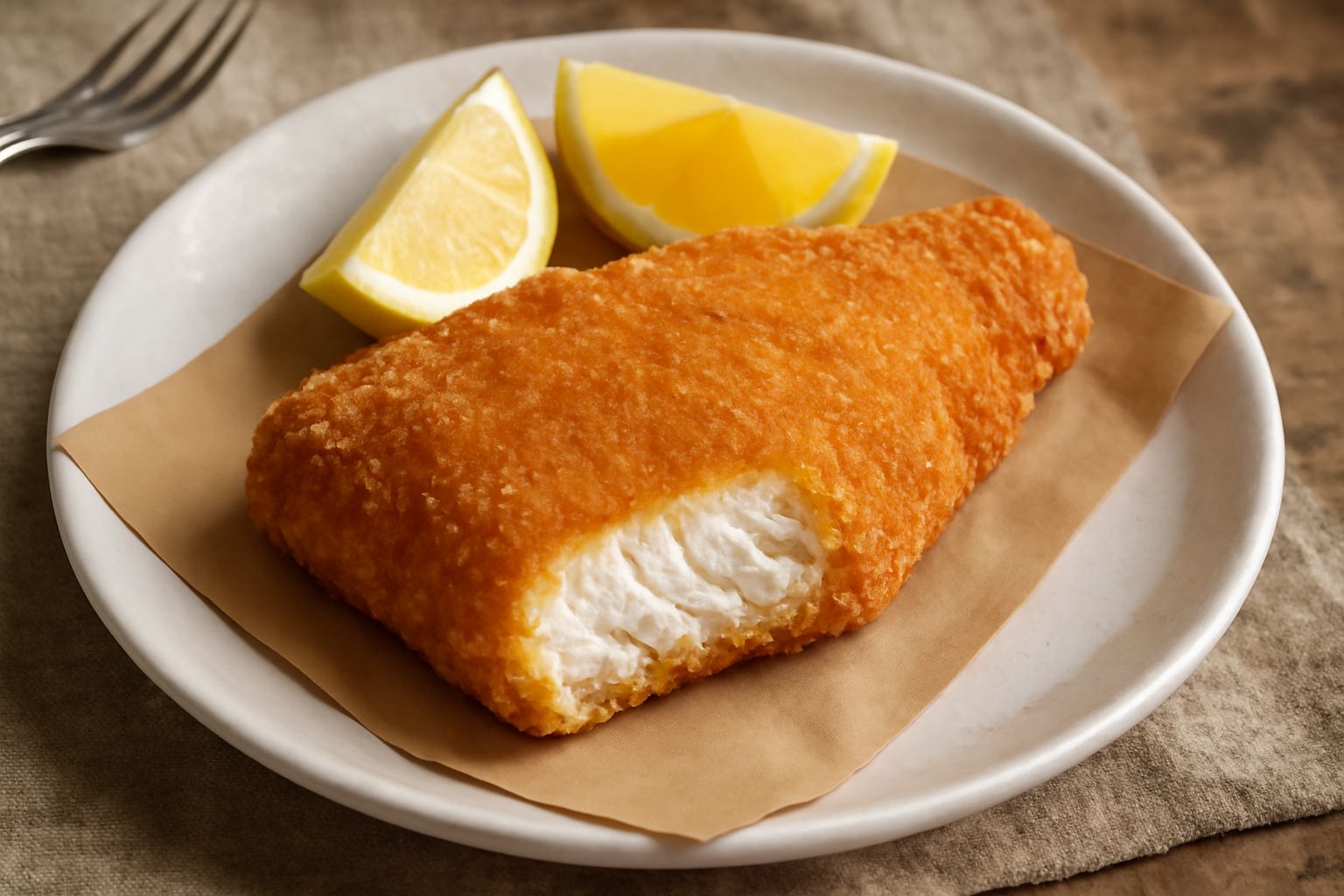 Filetti di ricciola fritti, dorati e croccanti, disposti su carta assorbente bianca con limone affettato a spicchi e un contorno di verdure fresche grigliate sfocate sullo sfondo