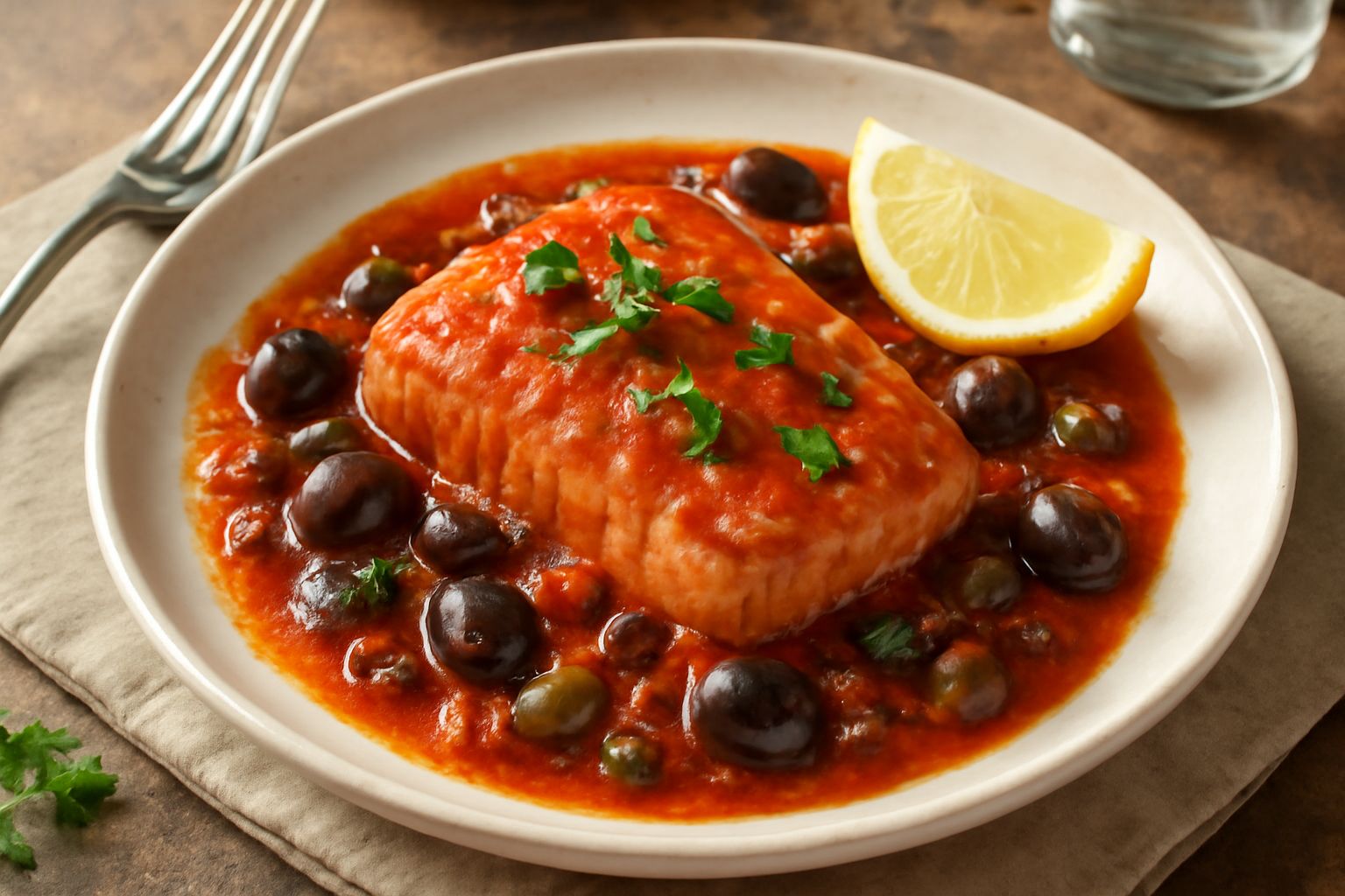 Ricciola in filetti cucinata in umido in una ciotola bianca, ricoperta da sugo rosso di pomodoro con olive nere e capperi, guarnita con prezzemolo fresco e limone