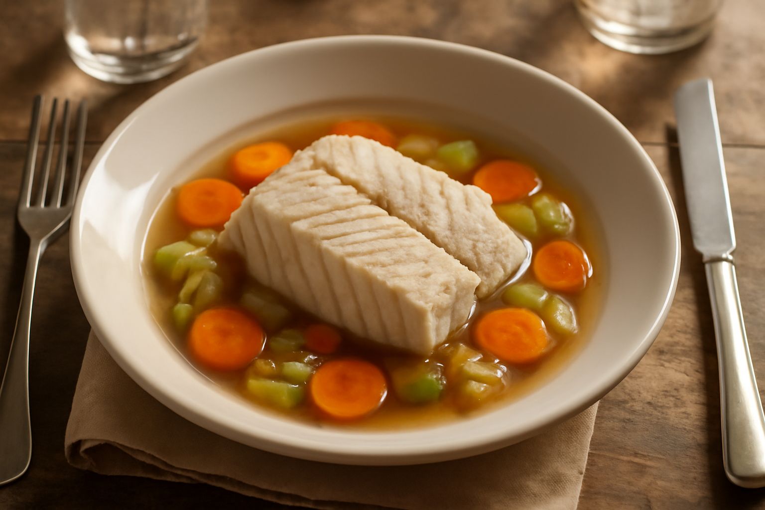 Filetti di ricciola bianca, cotti in brodo, disposti nel piatto con patate, carote e prezzemolo fresco; brodo leggermente ambrato sui bordi; piatto in ceramica bianca su tavolo in legno