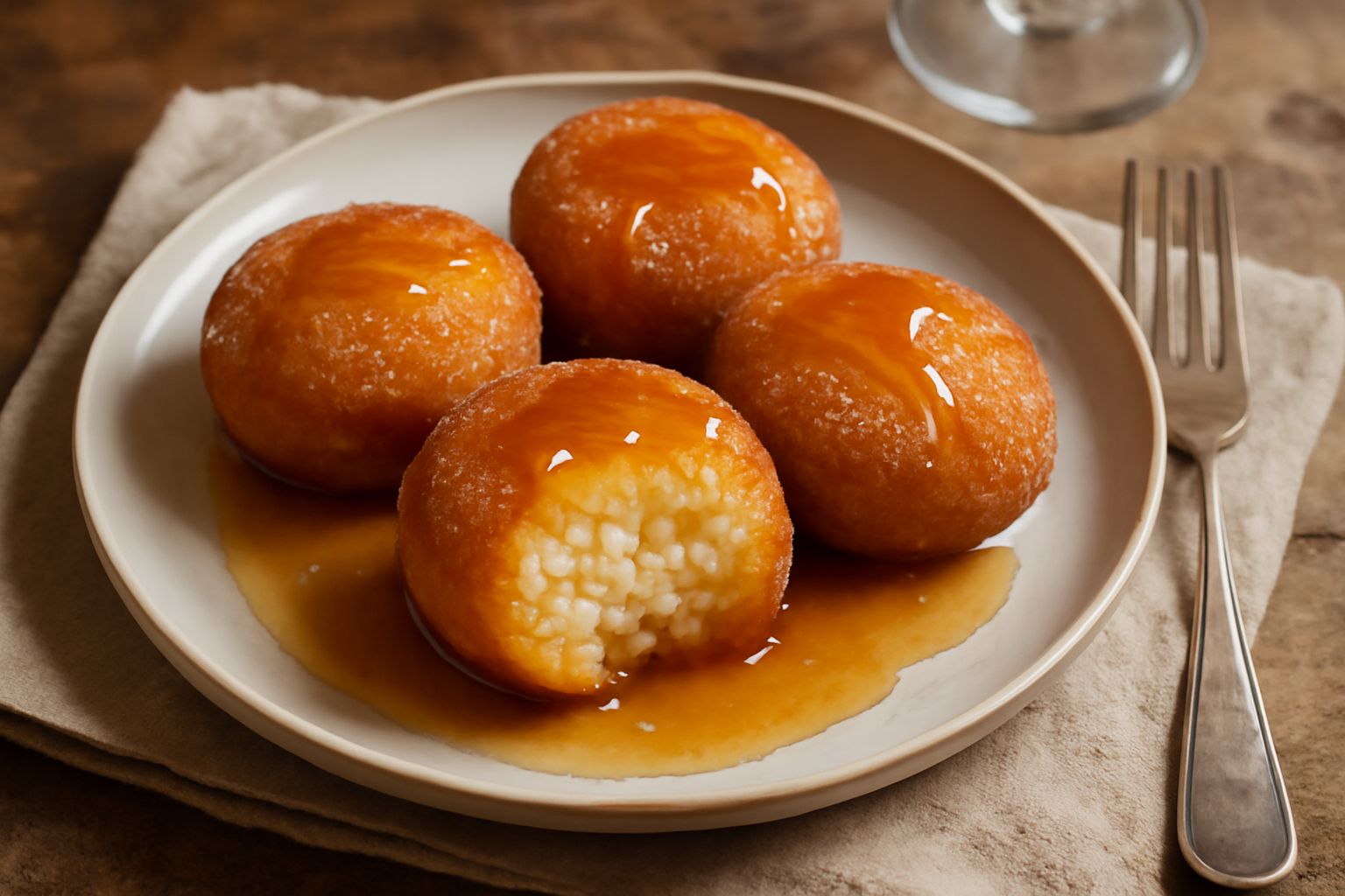 Frittelle dorate a forma di ciambella appoggiate su un piatto bianco, coperte di miele ambrato che scende dai bordi, con uno strato di zucchero semolato scintillante