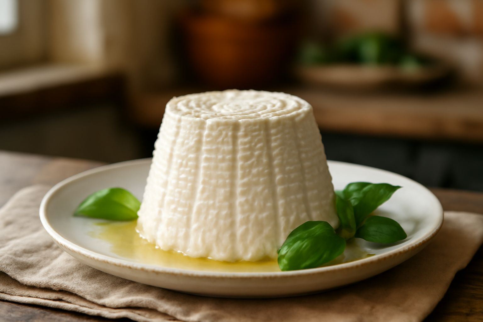 Ricotta fresca bianca e cremosa in una ciotola di ceramica bianca, con un cucchiaio in legno, accanto a melograni aperti e miele dorato in un vasetto di vetro