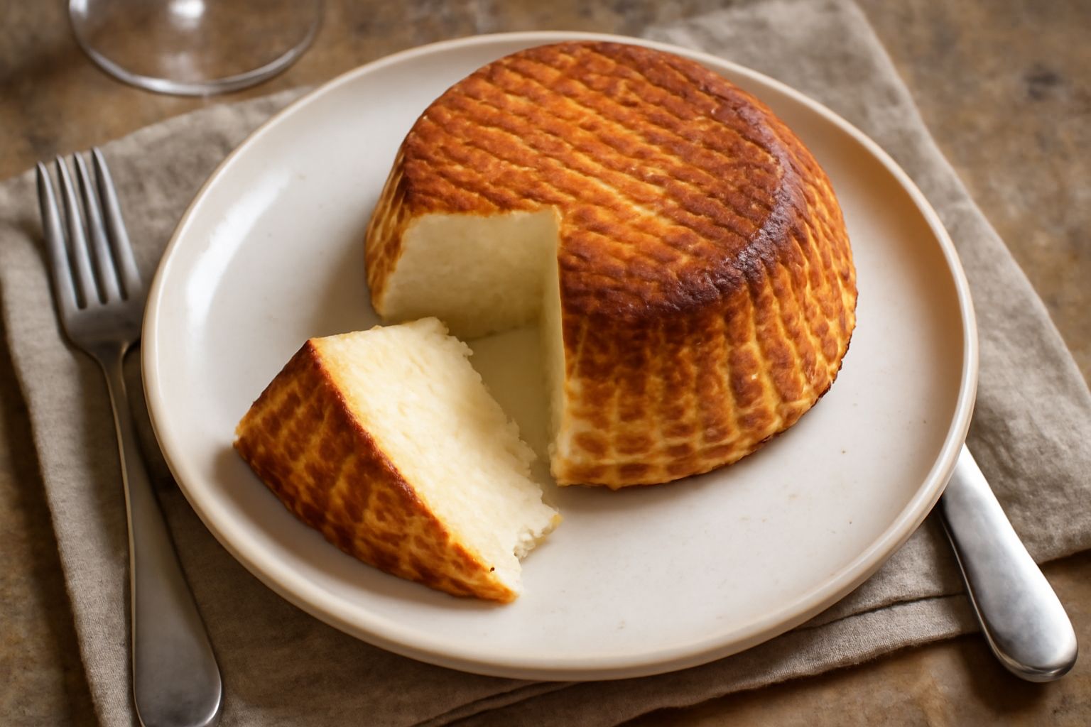 Ricotta affumicata di colore dorato-marrone con striature scure su superficie, disposta su carta alimentare, con fiamma e fumo sfocati sullo sfondo