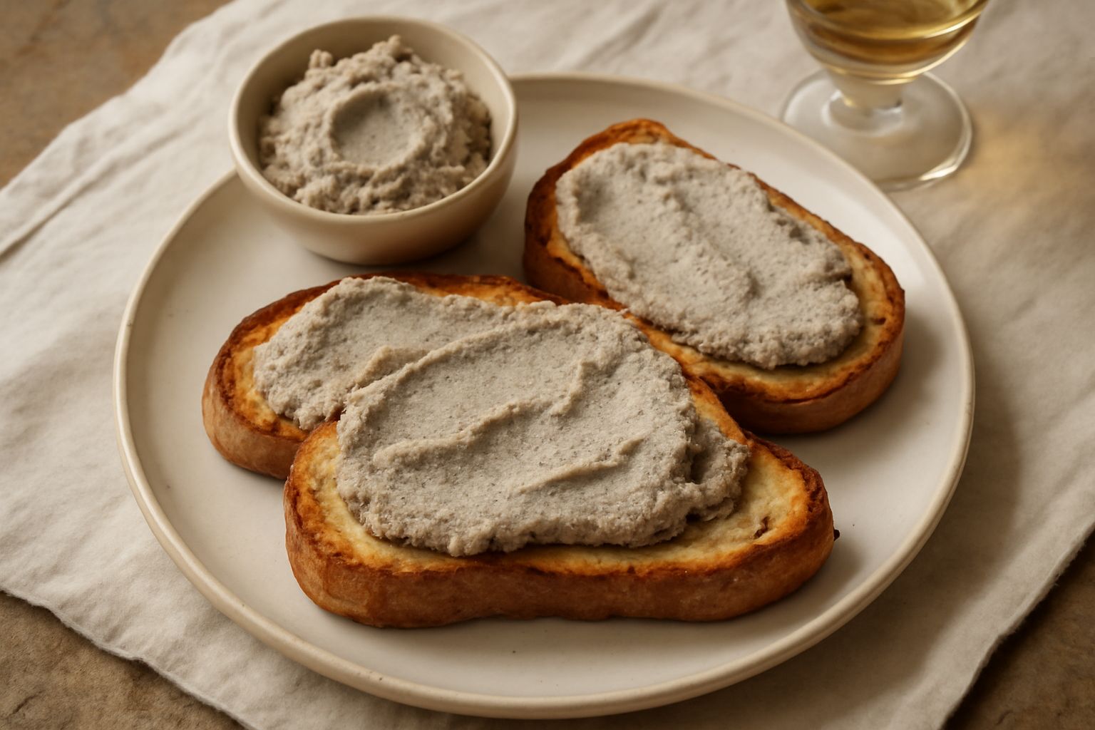Ricotta affumicata color beige-grigio spalmata su fette di pane tostato croccante, guarnita con olio extravergine d'oliva, pepe nero macinato fresco e foglie di prezzemolo verde su piatto bianco