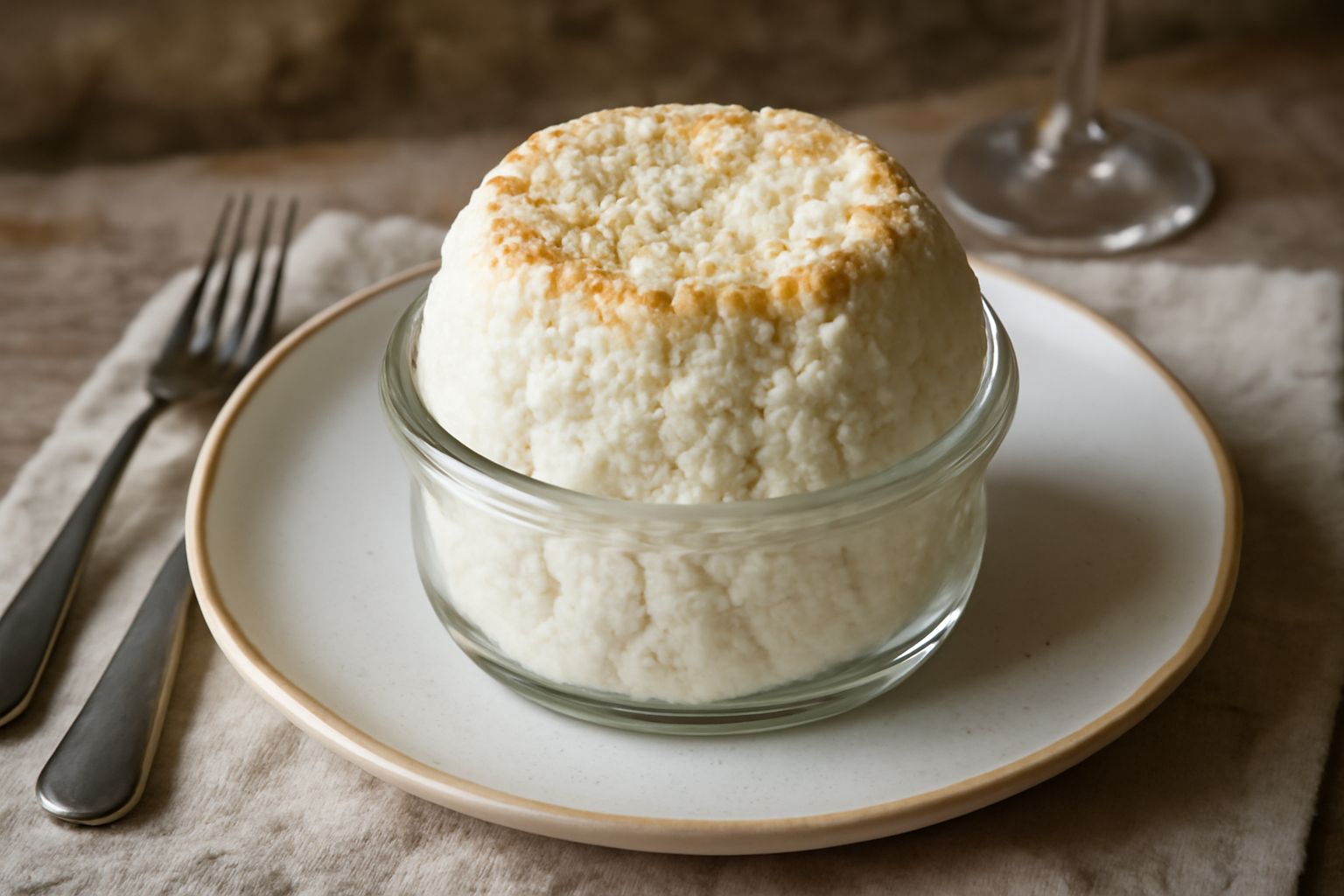 Ricotta affumicata conservata in un barattolo di vetro, color bianco sporco con sfumature dorate, superficie leggermente granulosa, accanto foglie di rosmarino fresco e un coltello da formaggio
