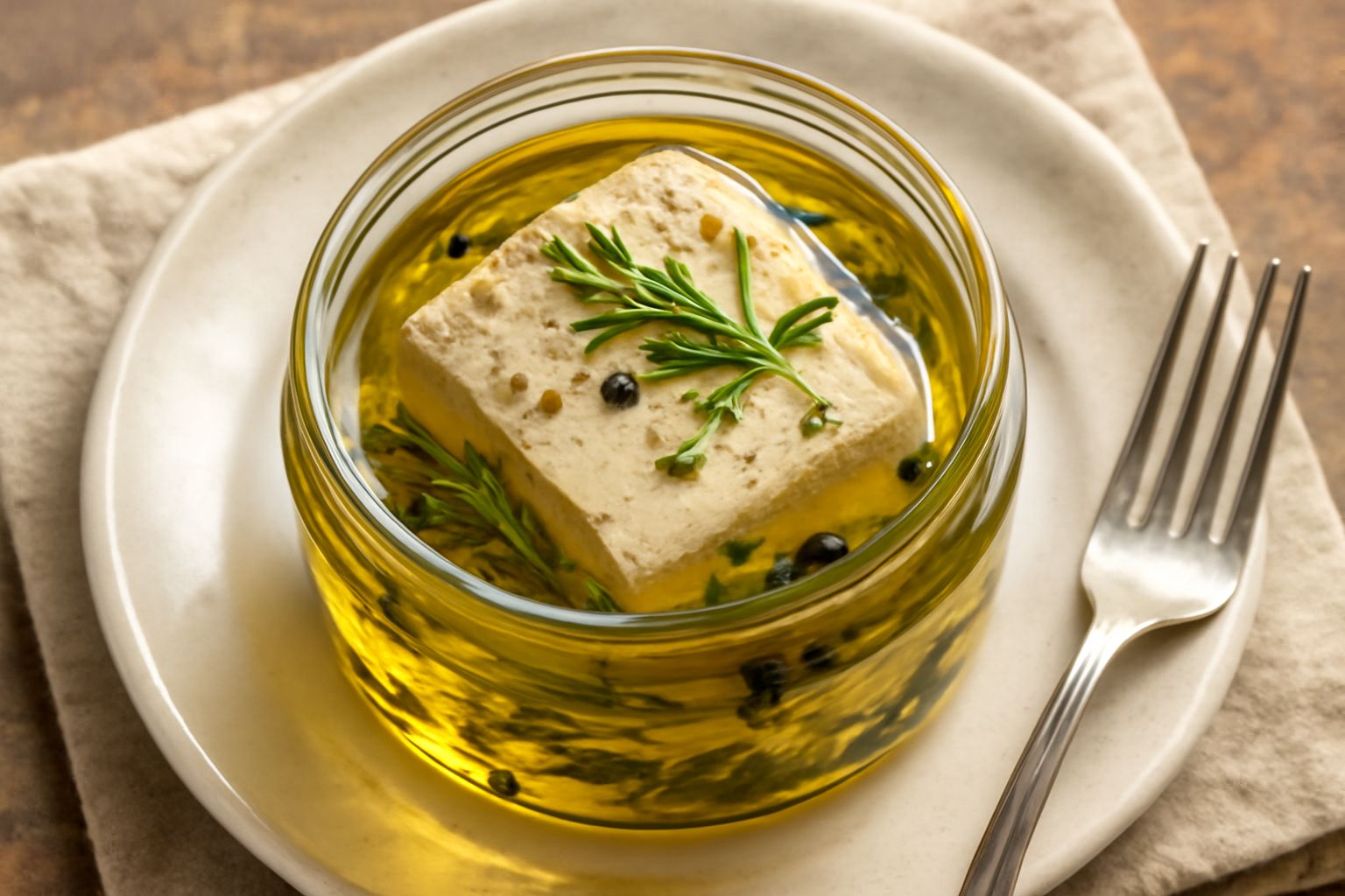 Vasetto di vetro con ricotta affumicata immersa in olio dorato, con rosmarino, timo e pepe nero visibili in superficie, su sfondo neutro in luce naturale