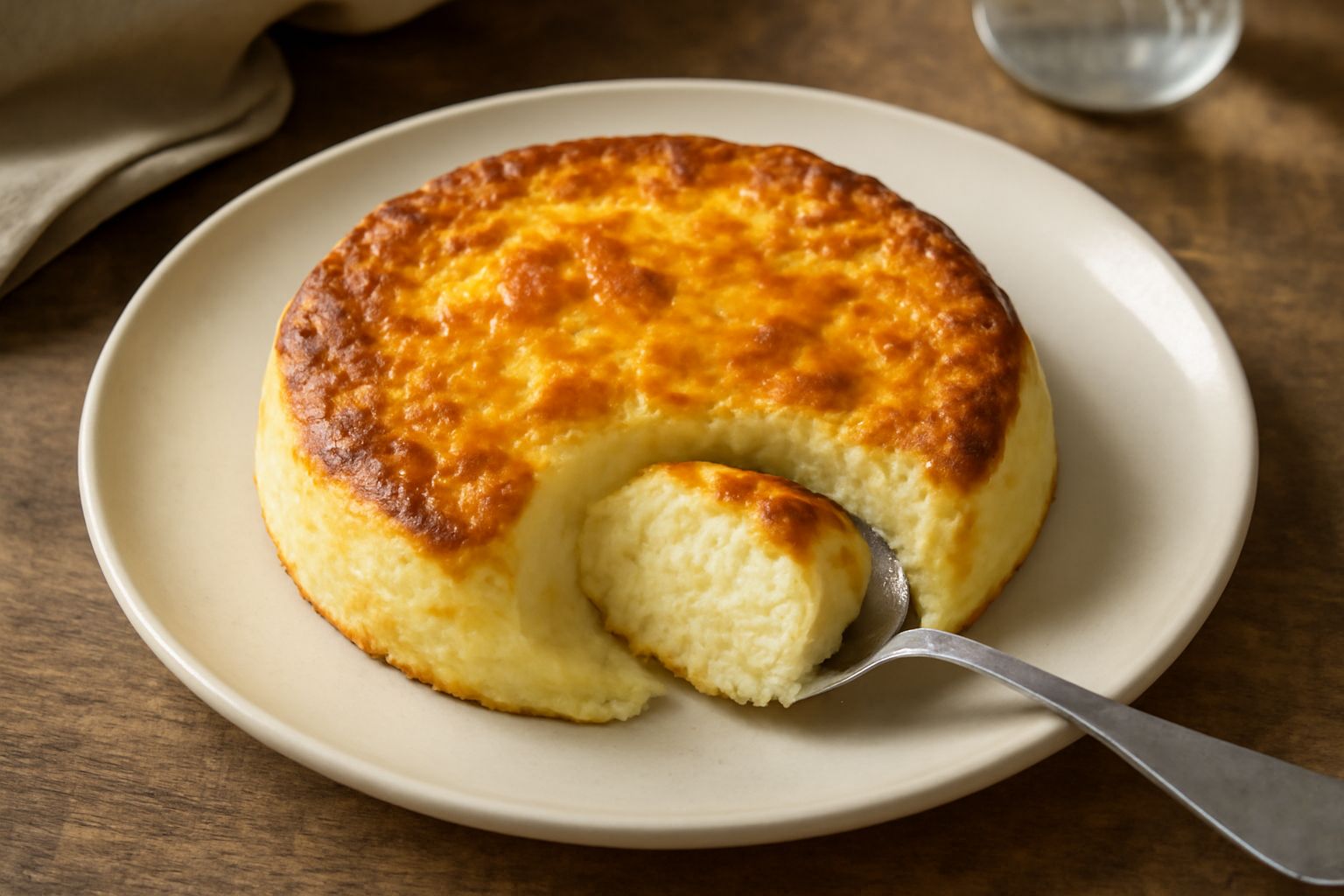 Sformato di ricotta al forno, color oro-ambrato, appena sfornato, cremoso all'interno con una leggera crosta dorata in superficie, presentato in un piatto bianco con un filo di olio extravergine e pep