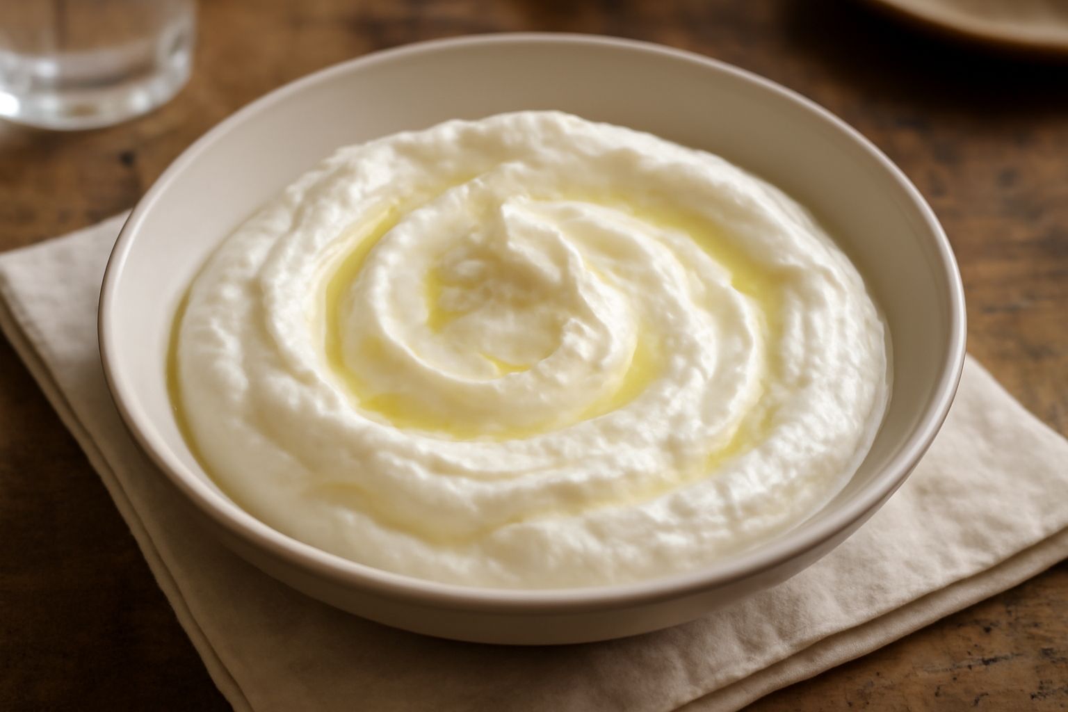 Ricotta calda cremosa in una ciotola bianca, con un colore bianco panna uniforme, leggermente vapore, condita con olio d'oliva e sale, contornata da pane tostato su un tavolo di legno