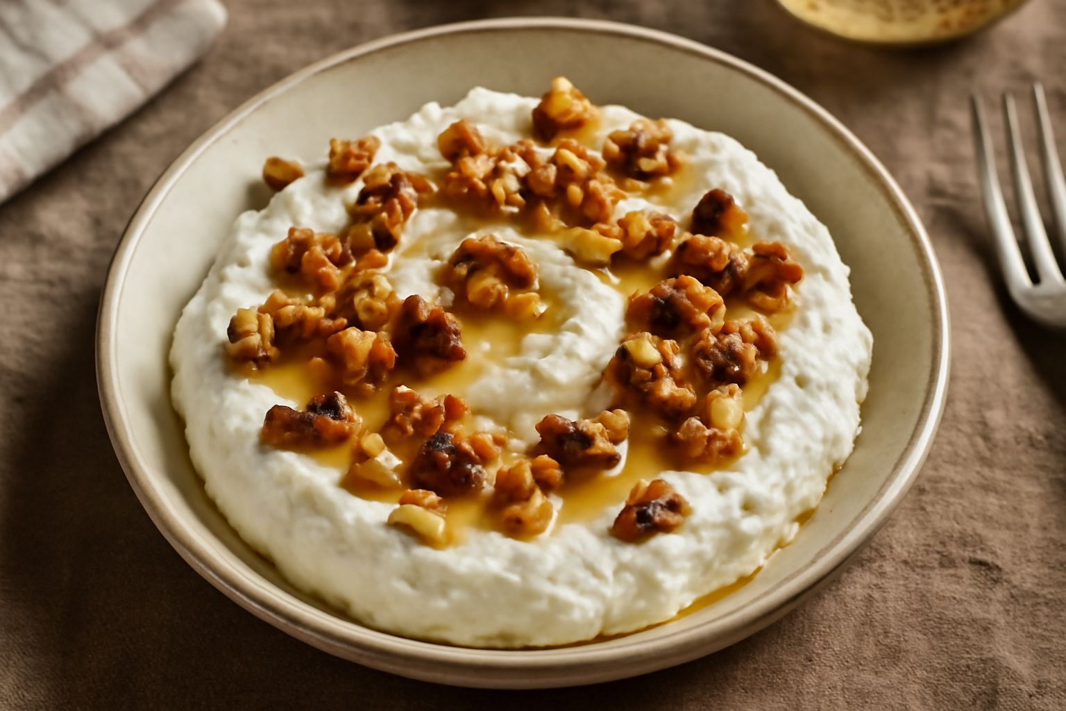 Ciotola di ricotta bianca cremosa guarnita con pezzi di noci tostate sparse in superficie, con miele colato leggermente, su fondo neutro