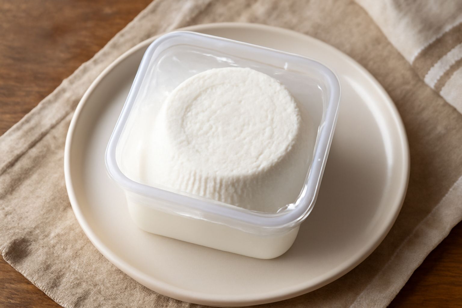 Ricotta bianca e cremosa in contenitore di vetro trasparente coperto da pellicola trasparente, con un cucchiaio dentro e una ciotola di ricotta sullo sfondo