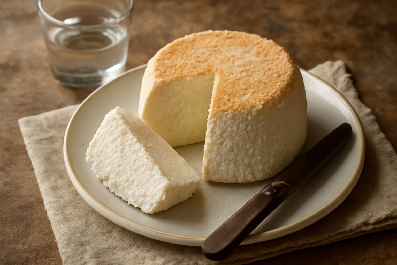 Ricotta bianca compatta conservata in sale grosso all'interno di un vasetto di vetro trasparente, con grani di sale visibili sulla superficie