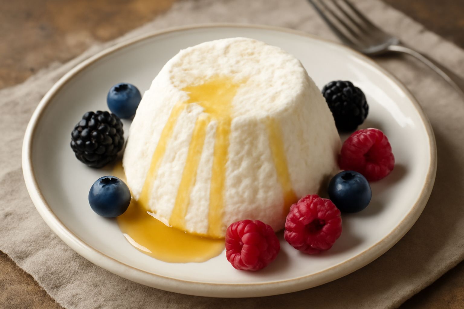 Ricotta di bufala fredda in ciotola di ceramica bianca, con texture granulosa e cremosa, guarnita con miele fluido, frutti di bosco rossi e una foglia di menta verde