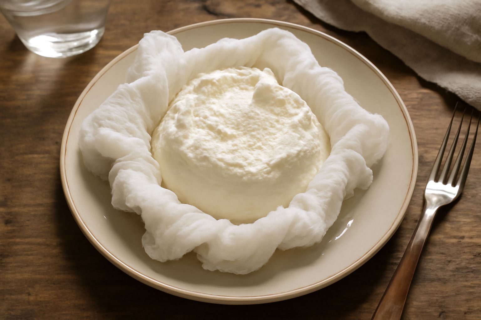 Ricotta di capra bianca e cremosa in una ciotola di ceramica bianca, con cucchiaio di legno, su tavolo di legno naturale con sfondo sfumato beige