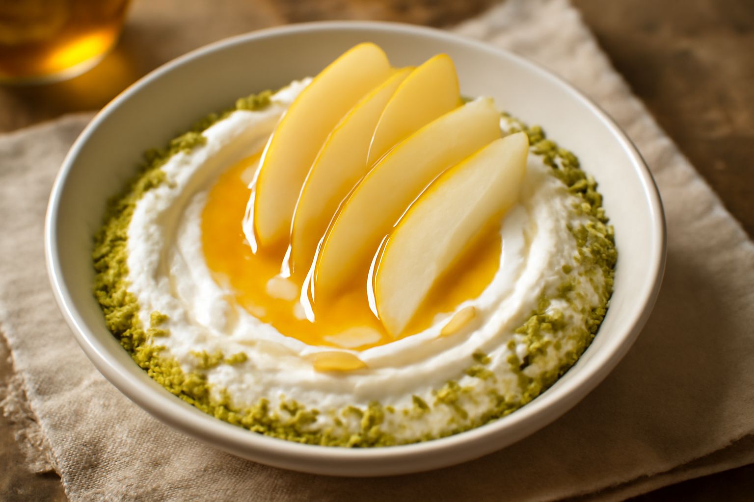Ciotola di ricotta cremosa bianca con fette di pera gialla disposte sulla superficie, coperte di miele color ambra e una spolverata di pistacchio tritato fine