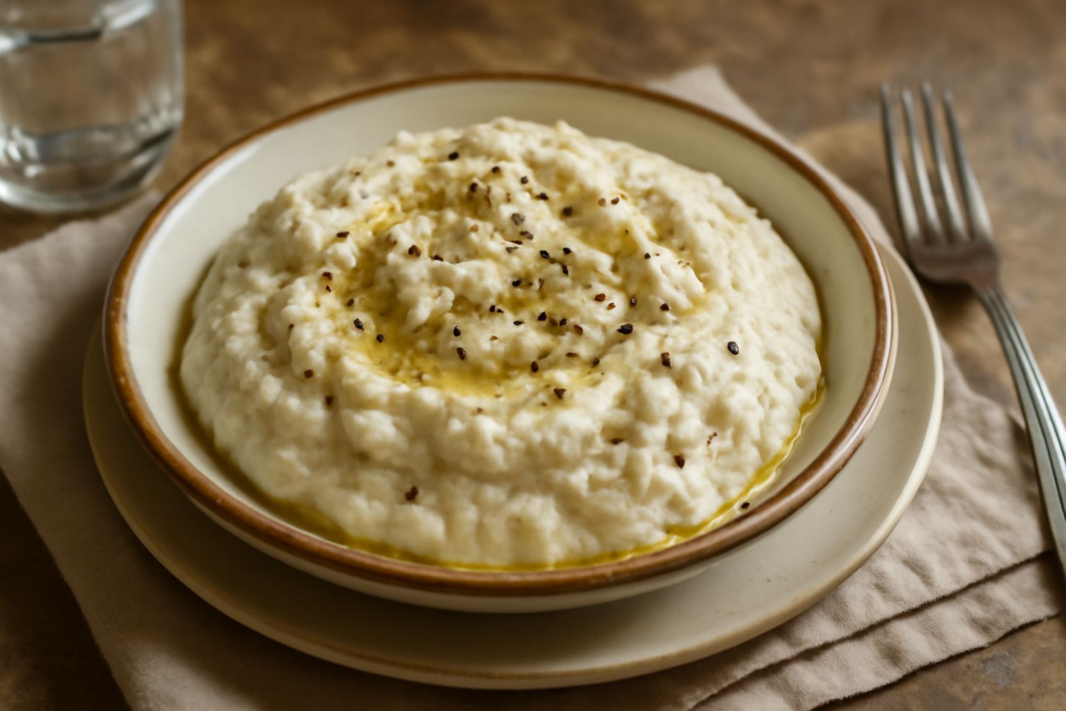 Ricotta forte color bianco cremoso con riflessi giallognoli in una ciotola di vetro, con grani di pepe nero visibili in superficie e un cucchiaio di legno accanto