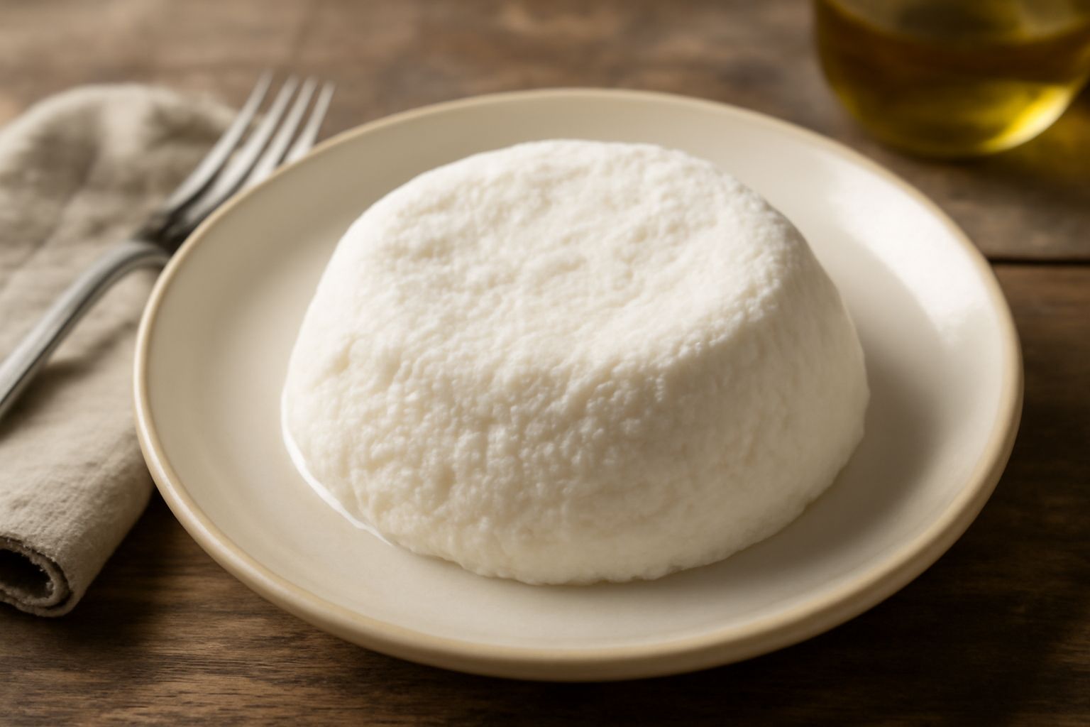 Ricotta fresca bianca e cremosa in una ciotola di ceramica con un cucchiaio di legno, vapore leggero intorno, sfondo neutro