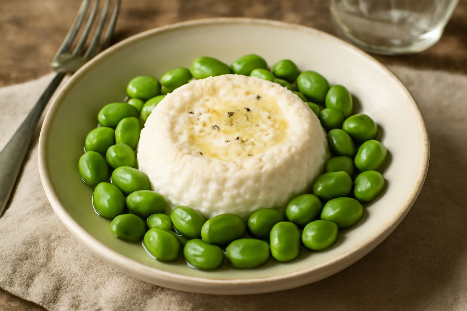 Piatto bianco con ricotta fresca cremosa al centro, fave verdi brillanti disposte intorno, filo di olio extravergine, pane tostato al bordo, luce naturale