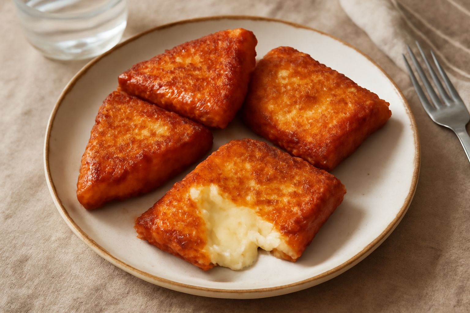 Ricotta fritta dorata e croccante su un piatto bianco, cosparsa di zucchero semolato e cannella, vapore ancora visibile sulla superficie