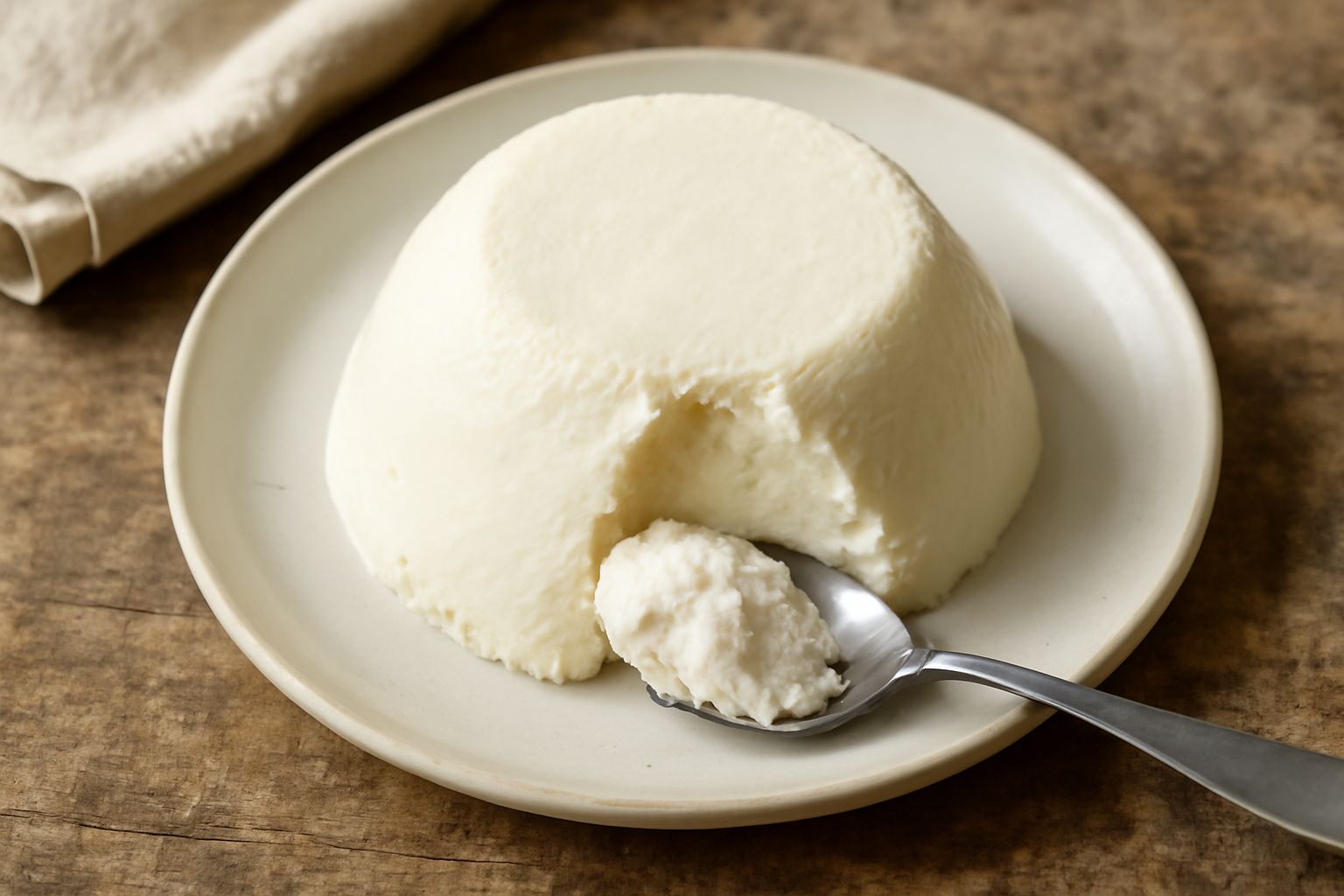 Ricotta friulana bianca e cremosa servita in un piatto di ceramica bianca, accompagnata da un cucchiaio di legno e fette di pane tostato, con sfondo di erbe fresche e una bottiglia di olio extravergin