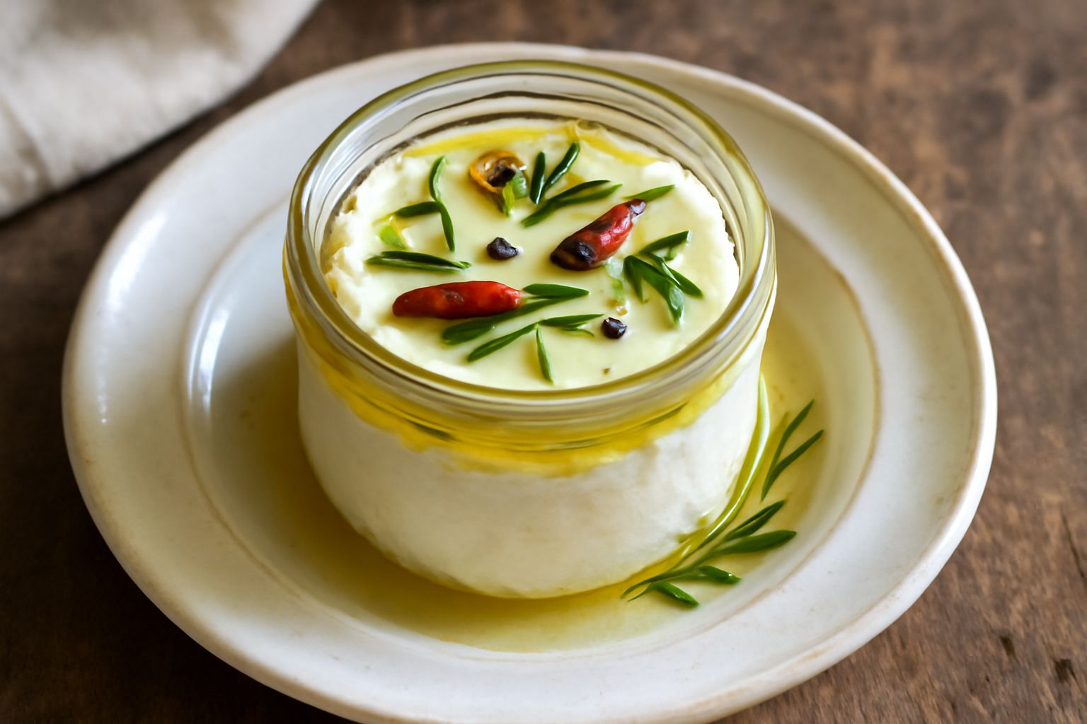 Vasetto di vetro con ricotta cremosa di colore bianco avorio, coperta da olio dorato con rametti di rosmarino e peperoncino, su fondo di marmo bianco con cucchiaio d'argento