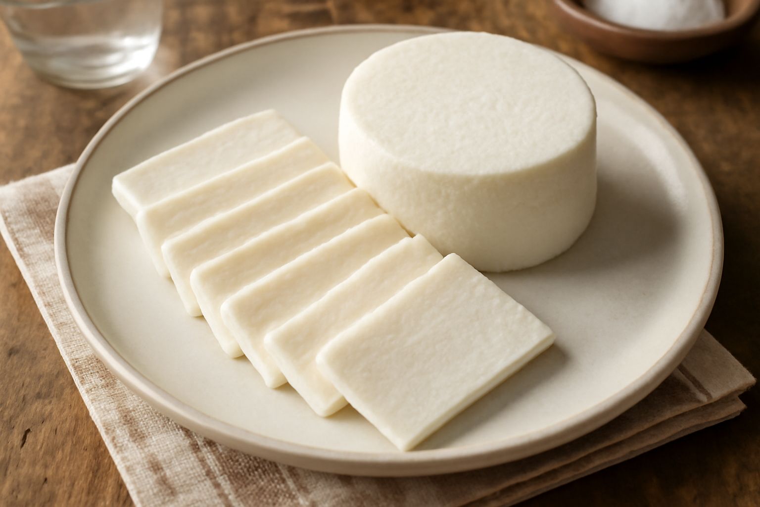 Fette di ricotta salata bianca e compatta disposte a ventaglio in un piatto bianco, bordo giallo limone, bacche di pepe nero sparse, olio d'oliva lucido sulla superficie, sfondo di lino naturale