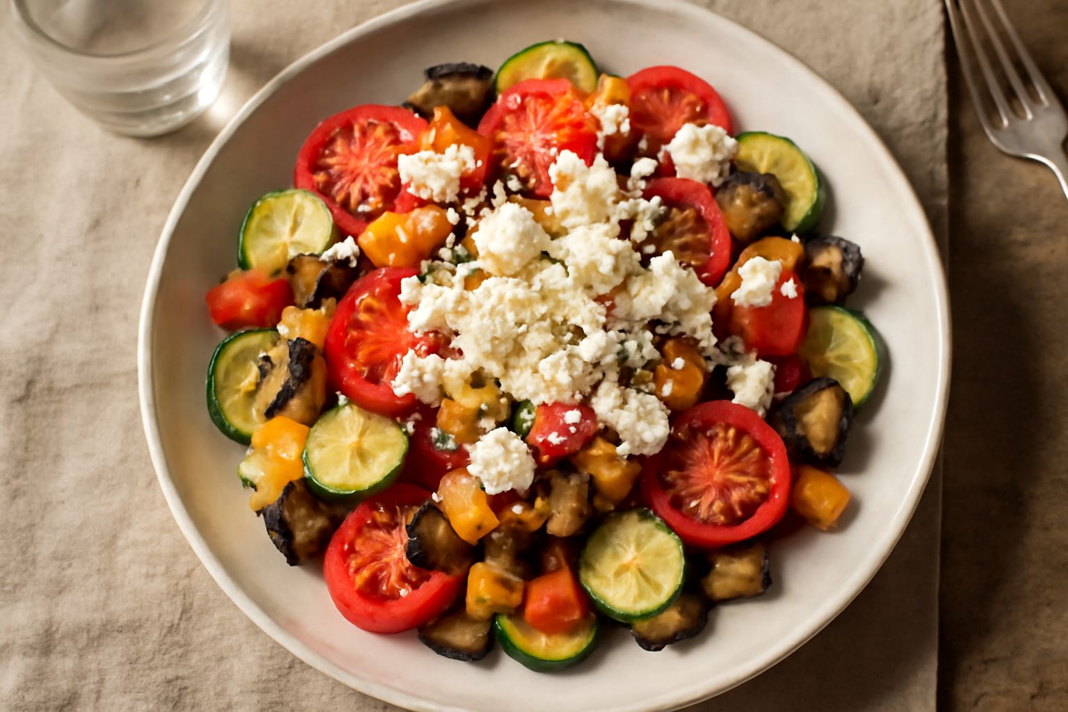 Piatto bianco con ricotta salata grattugiata, pomodori rossi tagliati a fette, zucchine verdi affettate, rucola fresca e olive nere, conditi con olio d'oliva lucido