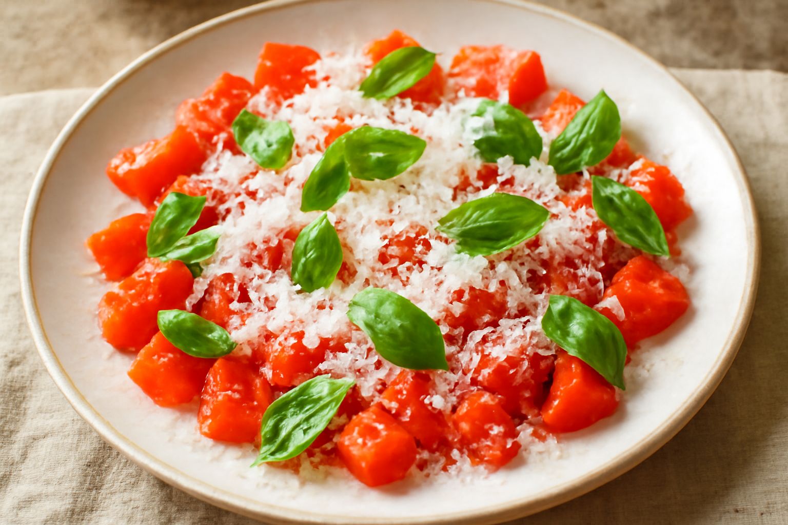 Ricotta salata bianca grattugiata su letto di pomodori rossi tagliati a dadini, con basil verde fresco, olio d'oliva lucido e sale marino grosso visibile sul piatto bianco