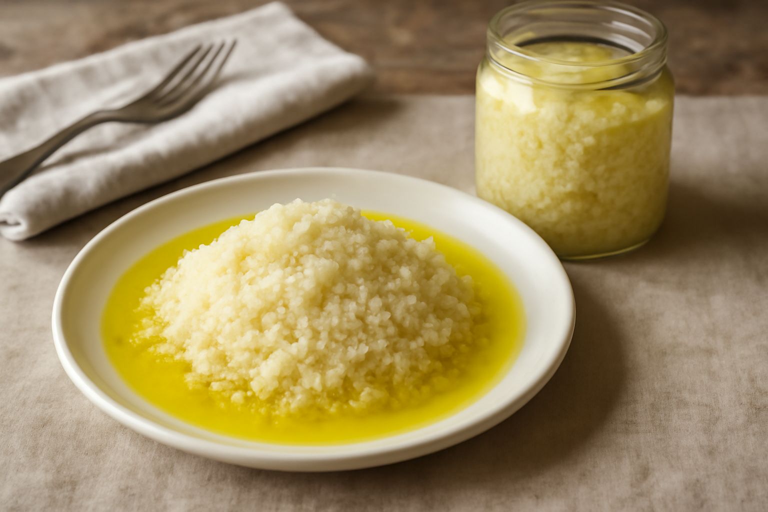 Ricotta salata grattugiata color avorio in un barattolo di vetro coperta da olio d'oliva color giallo dorato, con qualche granello visibile sulla superficie e olio che scivola sulle pareti